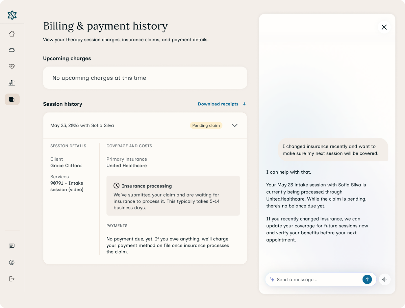 Billing page with AI agent chat open — client asking about insurance change